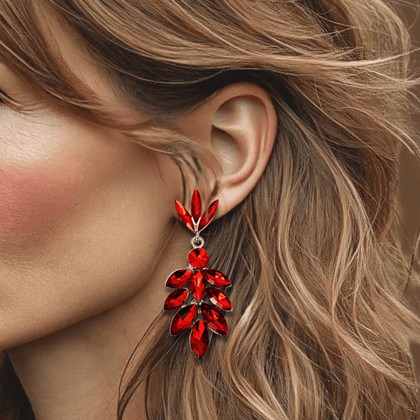Red Crystal Leafs Earrings | Silver - Muze Earrings